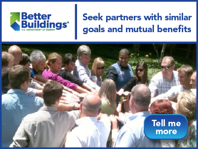 Graphic with a photo of a group of people, the Better Buildings logo, and the words "Seek partners with similar goals and mutual benefits."