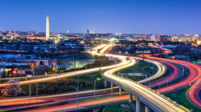 DC skyline at dusk with highways