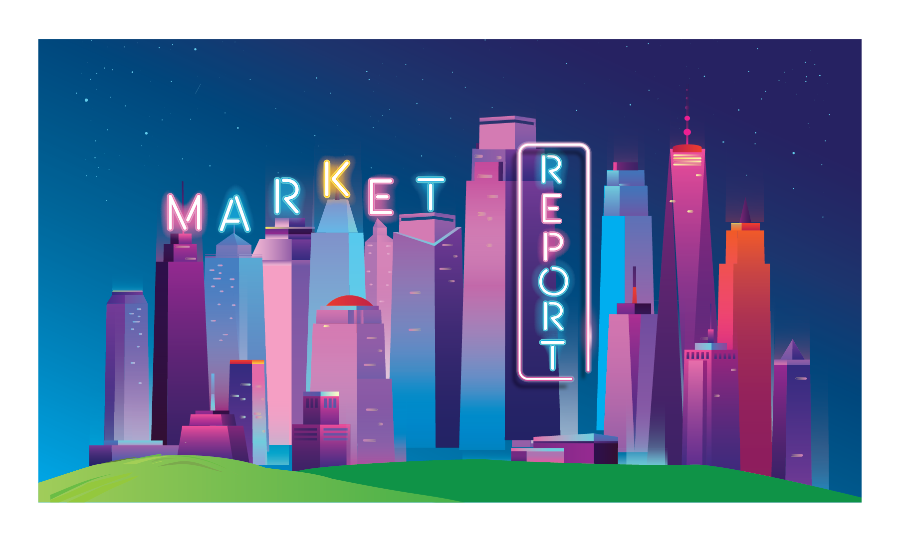 An illustrated city skyline with neon lights that spell out "Market Report"