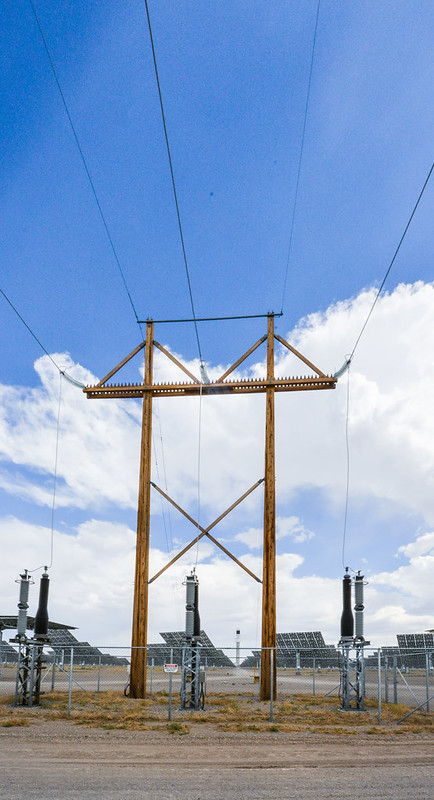 A distribution line in front of a solar thermal facility.