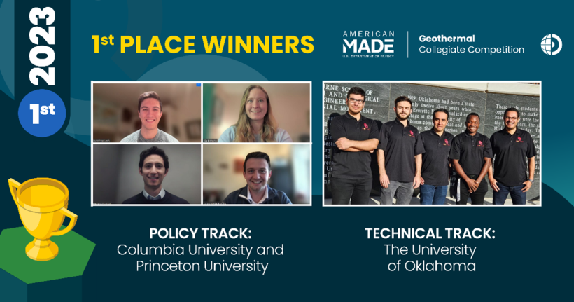 Pictures of the 2024 GCC first-place winners: Columbia University and Princeton University in the Policy Track, and the University of Oklahoma in the Technical Track