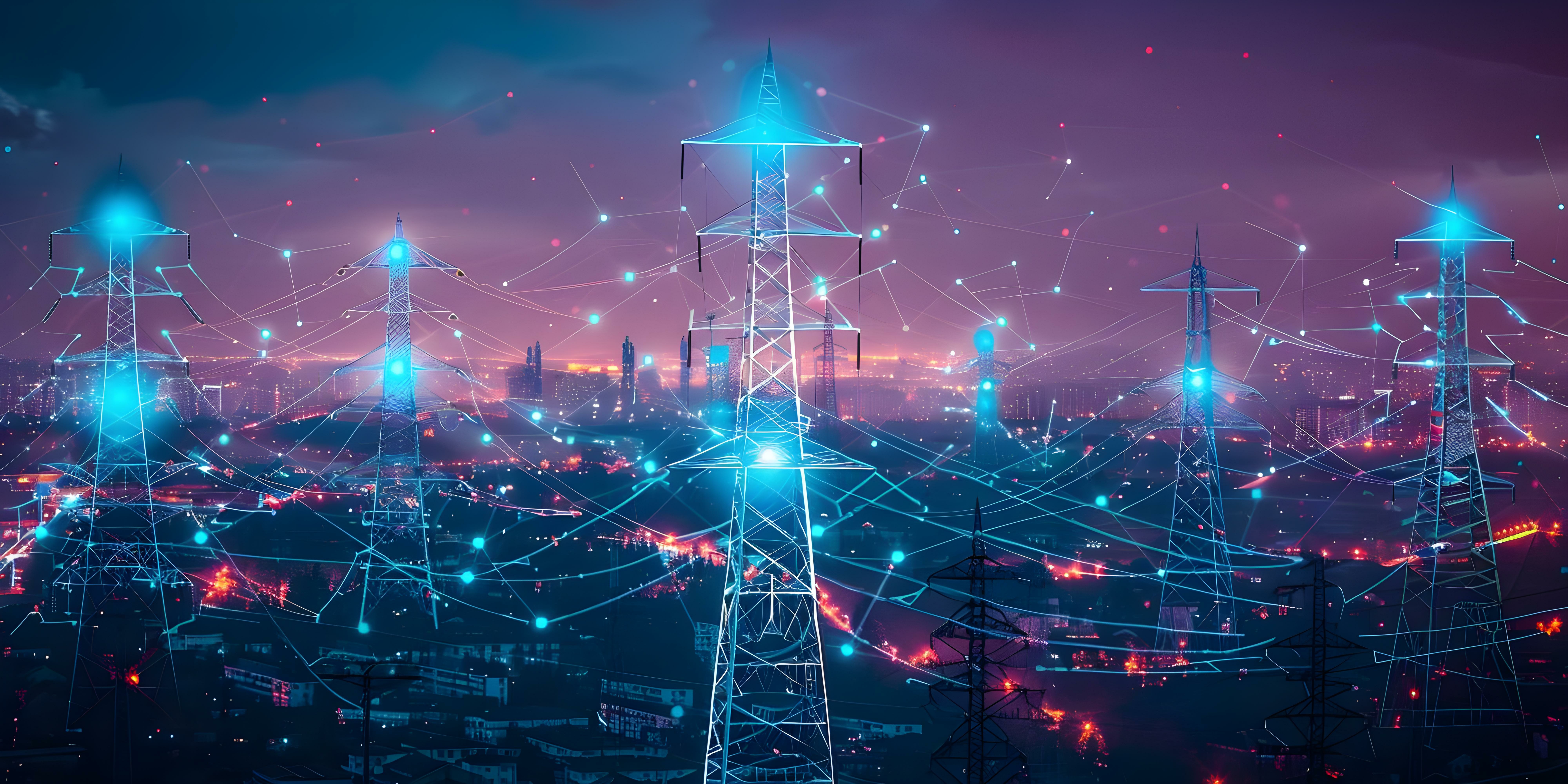 Pinkish sky at night with transmission towers with blue lights around the towers. 