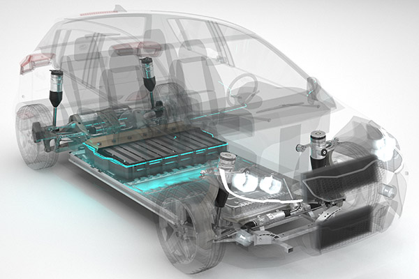 A 3D rendering of a translucent electric vehicle with the battery highlighted.