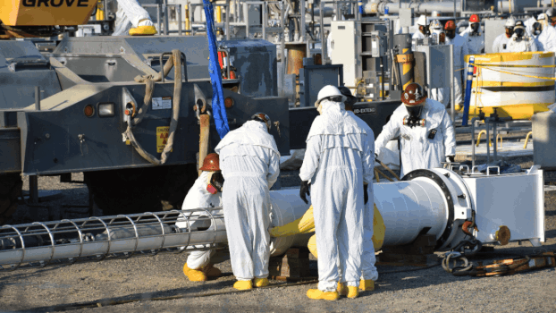 The pump mast for the Test Bed Initiative Demonstration project has an integrated ion exchange column to pretreat waste at the Hanford Site, preparing it for grouting.