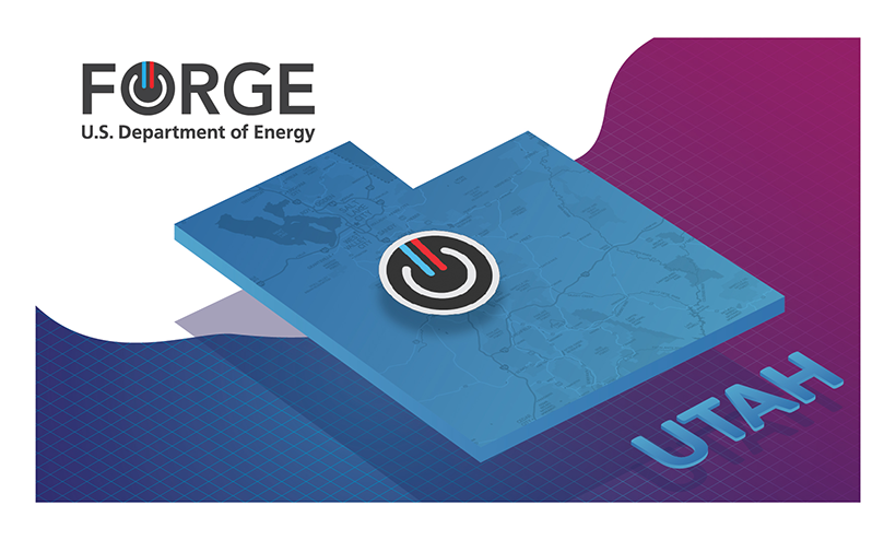 GTO's FORGE Postcard - an illustration of the full state of Utah with the Utah FORGE logo placed over the Utah FORGE site on the map 