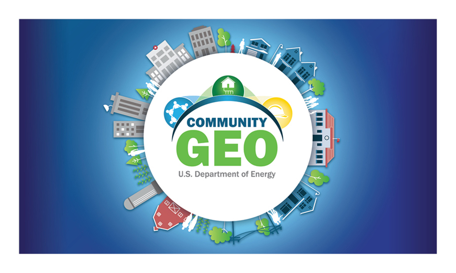 Community Geo | U.S. Department of Energy logo against a white circle, with illustrations of homes, businesses, farms, and municipal buildings around the edge of the circle.