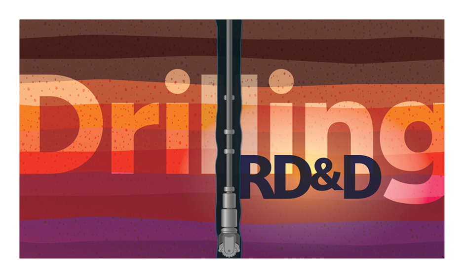 Drilling RD&D against layers of the subsurface going from lowest heat (browns) at the top to highest heat (purple) at the bottom. A drill making a borehole goes down the center of the design, between the Ls in 'Drilling.'