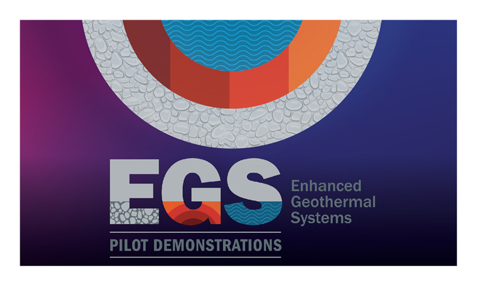 Enhanced Geothermal Systems (EGS) Pilot Demonstrations. Above that text are three concentric arcs representing the three ingredients needed to make a an EGS: liquid, heat, and permeability.