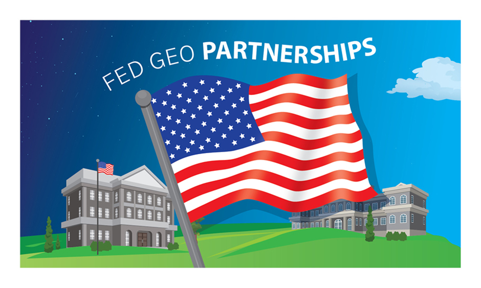 FedGeo Partnerships. Below the text is a waving American flag and two municipal or government buildings on green hills against blue skies.