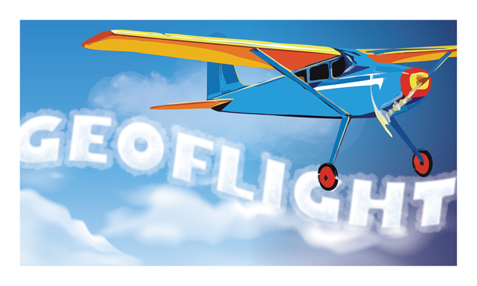 GeoFlight is written in cloudy white lettering next two a small blue and yellow prop plane.