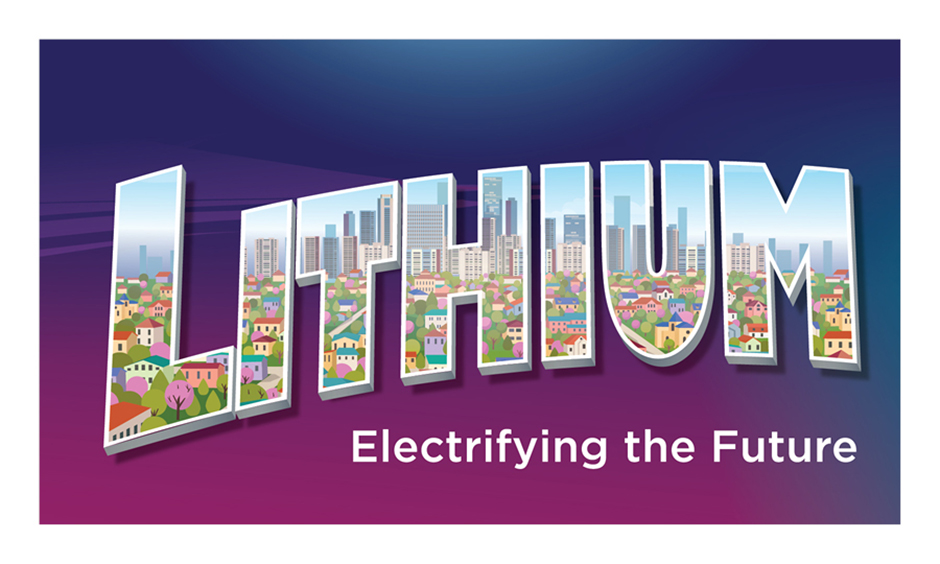 Lithium, Electrifying the Future. The letters of the word Lithium reveal a view of a cityscape.