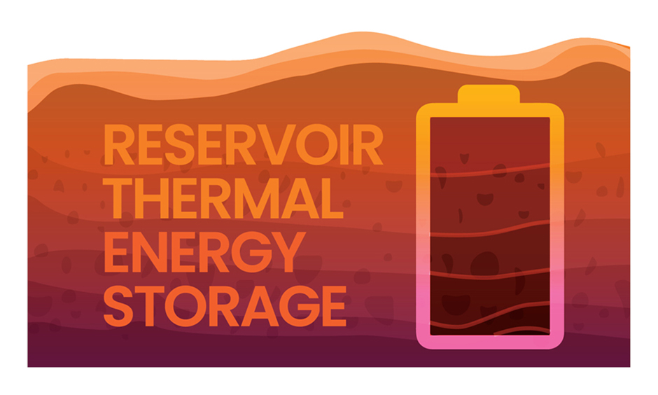 Reservoir Thermal Energy Storage. Against subsurface layers, from orange to purple top down, is an icon of a battery.