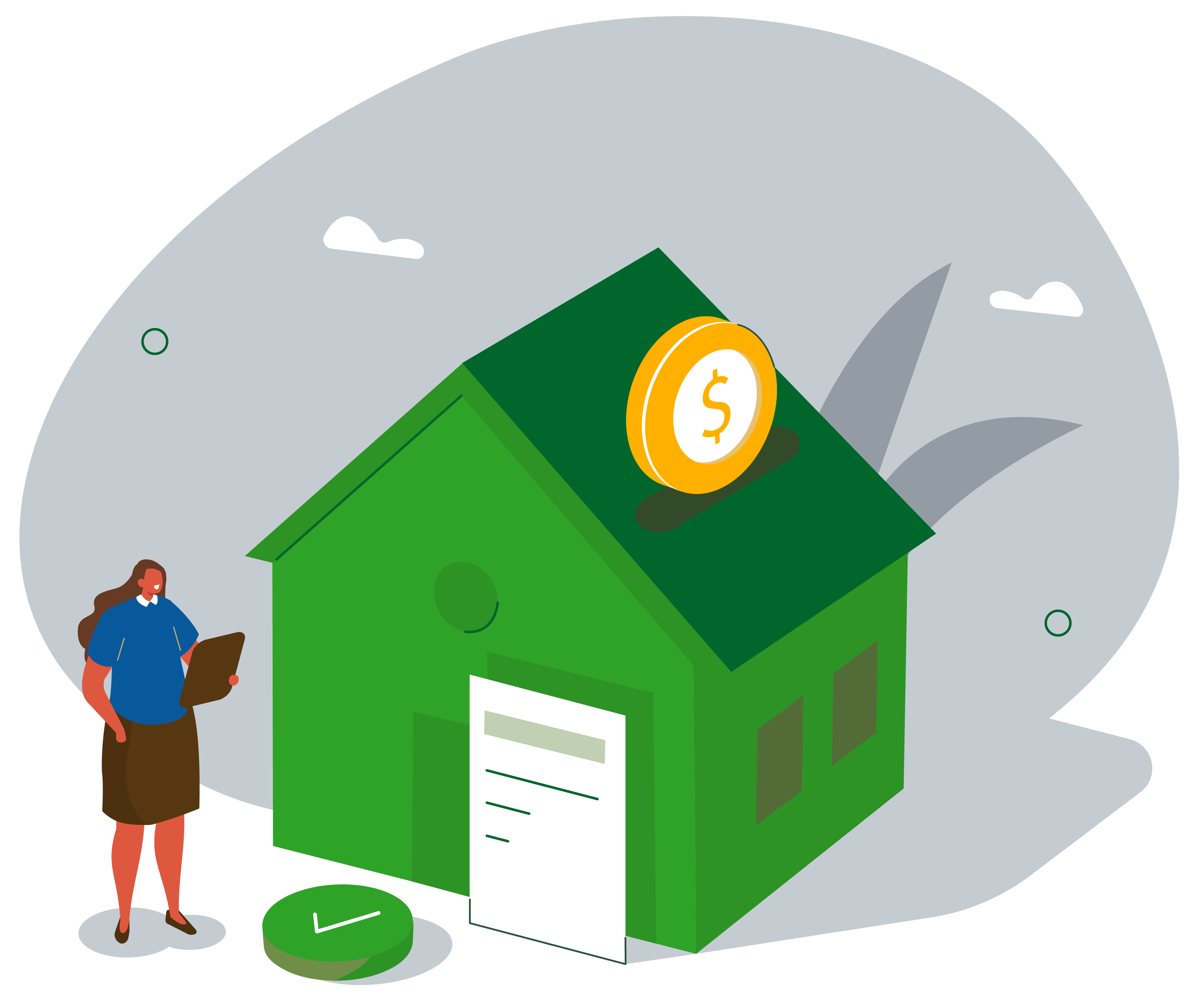 A graphic of a woman standing next to her house with a giant coin going through the roof