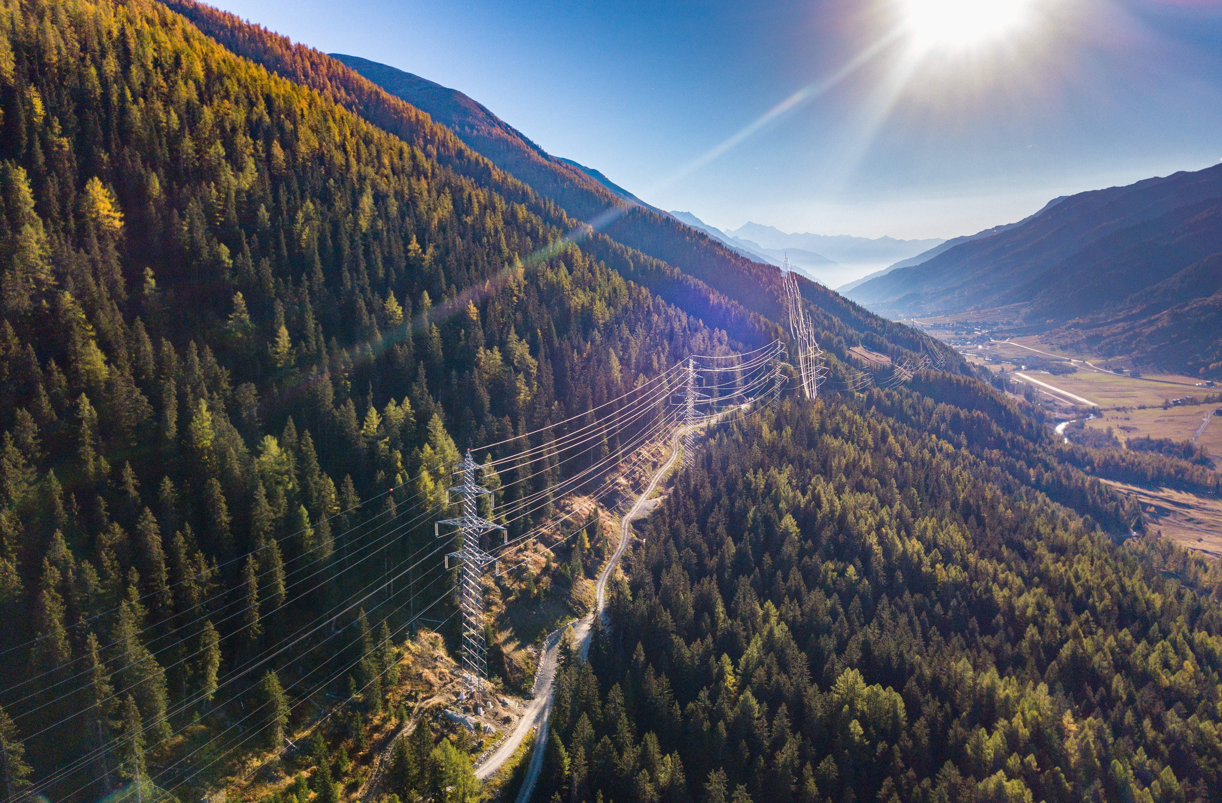 Transmission lines in a forested area through mountains. 