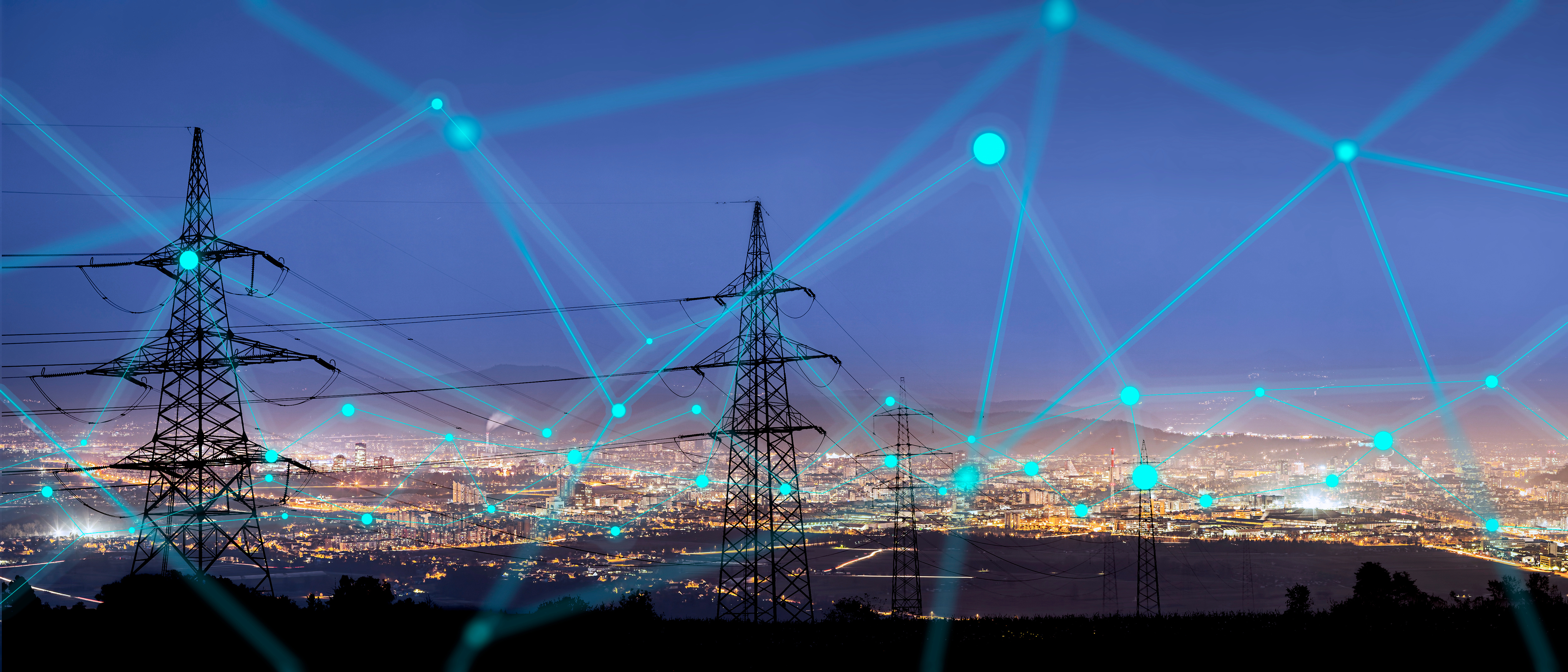 Photo of transmission lines at sunset, with bright blue dots connected by lines overlaid on top. Gives a sense of a network over the grid.