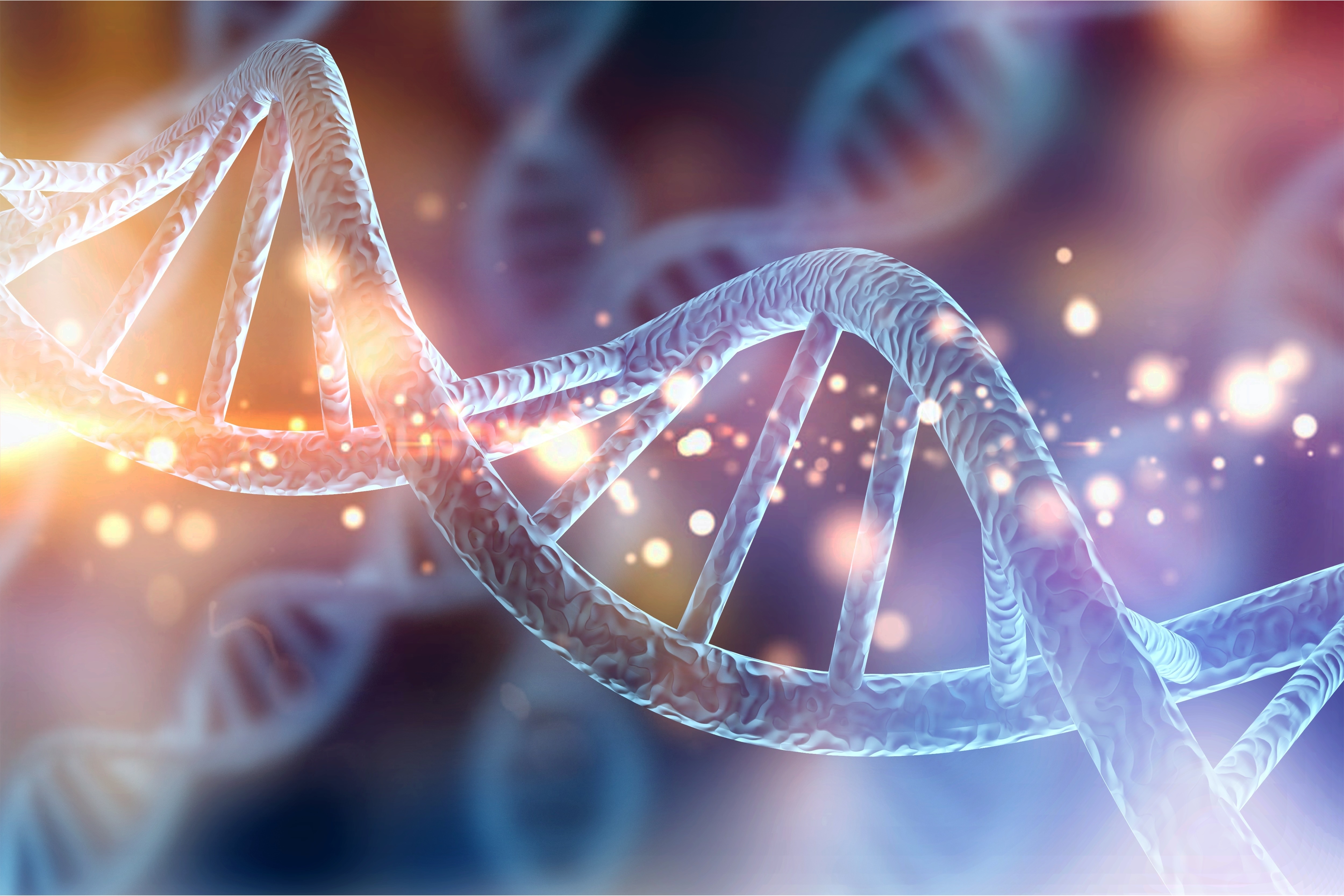 Illustration of DNA chain/genomics in hues of blues, purples, and oranges.