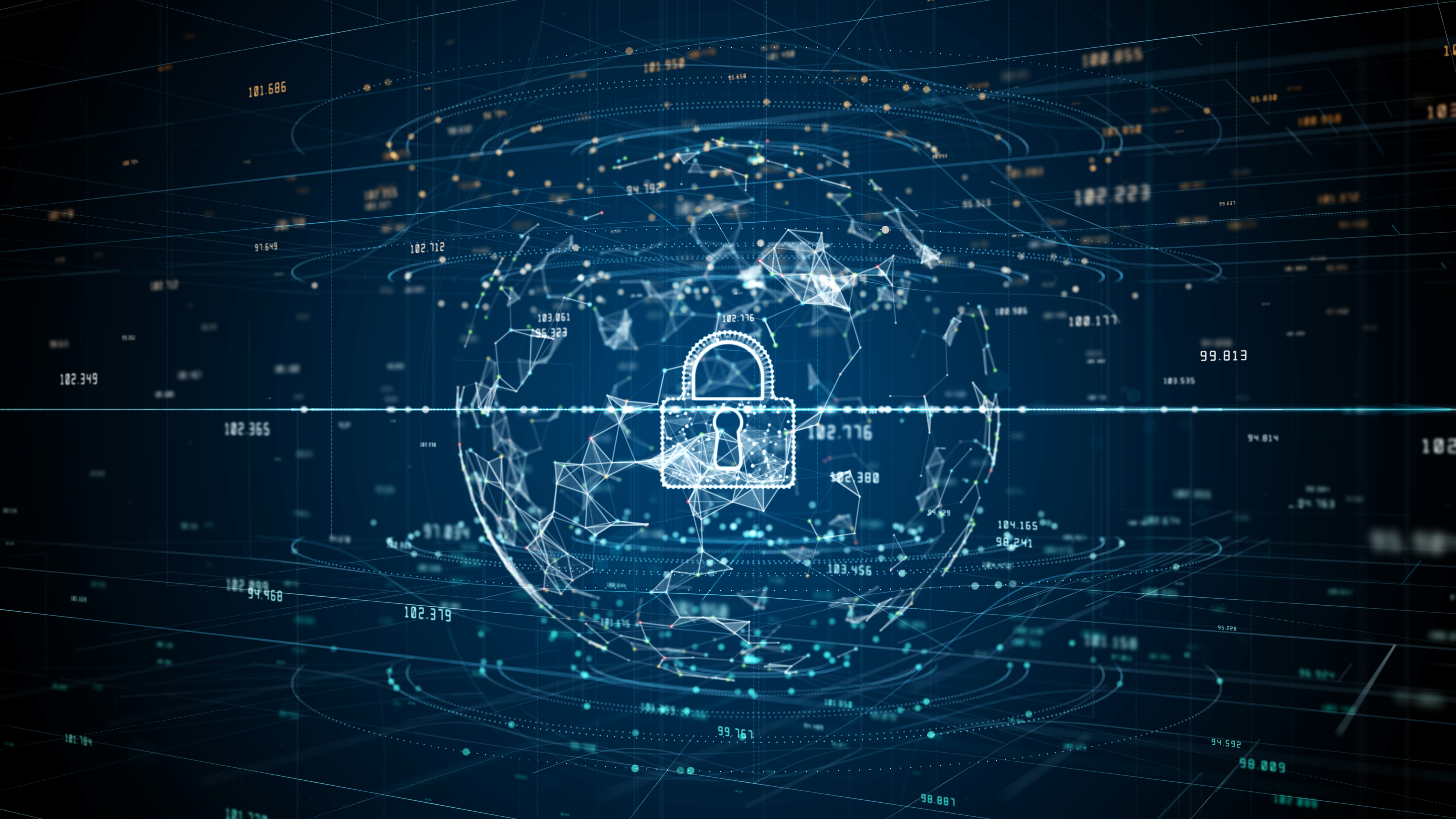 Illustration of global cybersecurity -- lines and points of data merge to create a globe, with a lock icon in the center