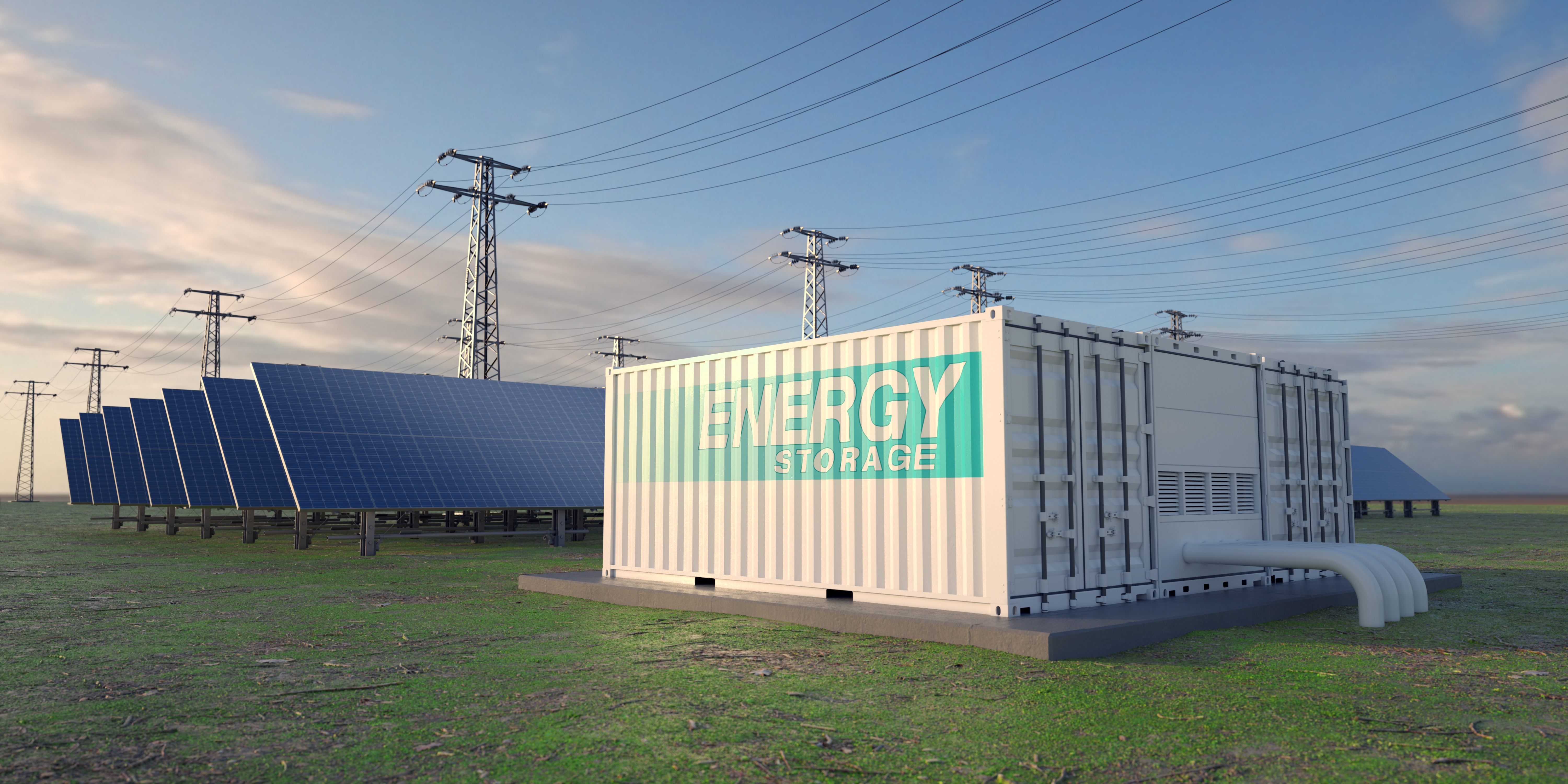 Picture of energy storage facility, solar panels, and transmission line 