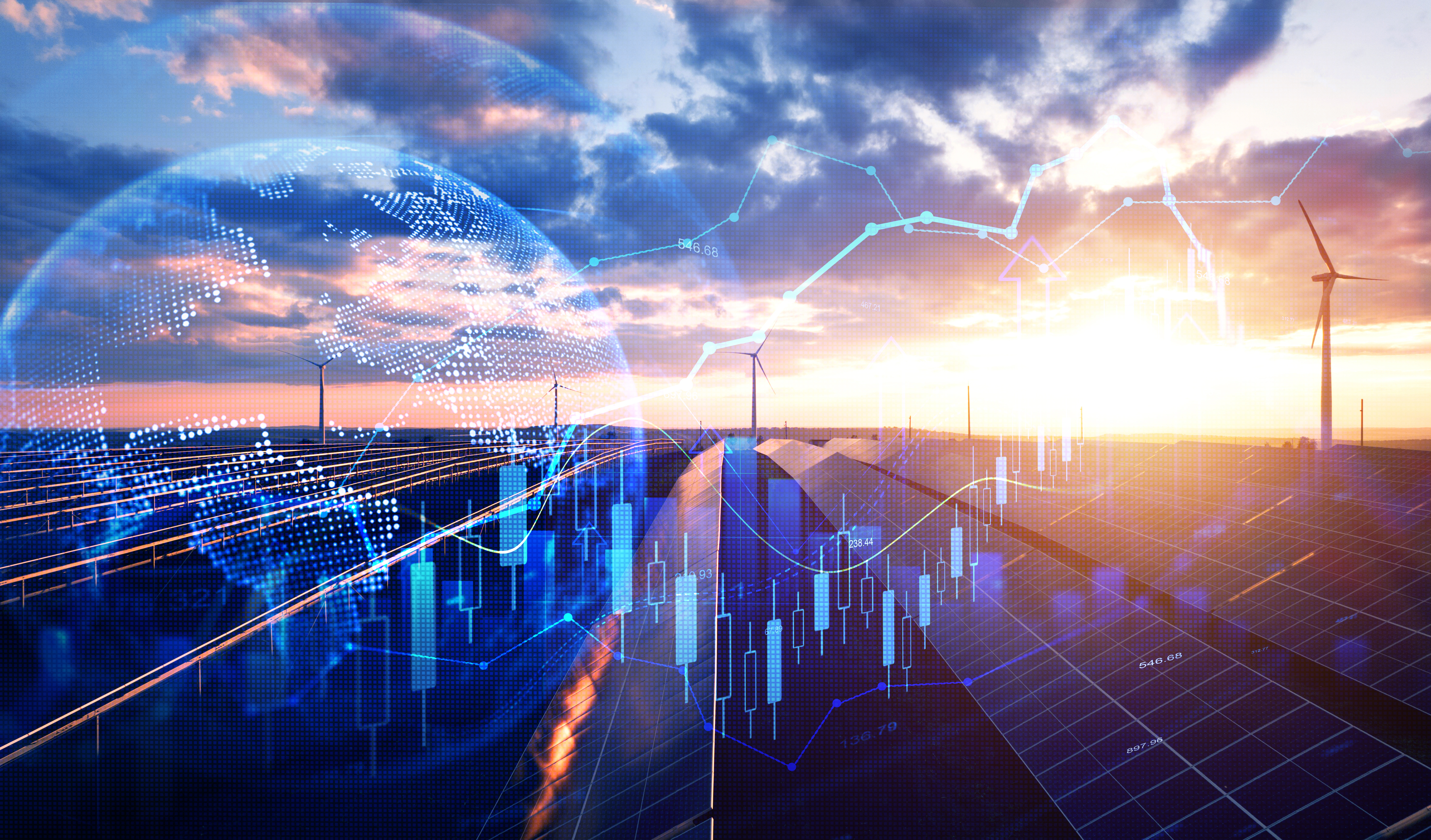 Illustration of data visualizations (charts and globe) overlaid on a photo of solar panels and wind turbines at sunrise