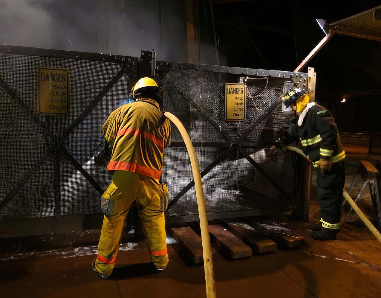 Two firefighters sprying water through a fence