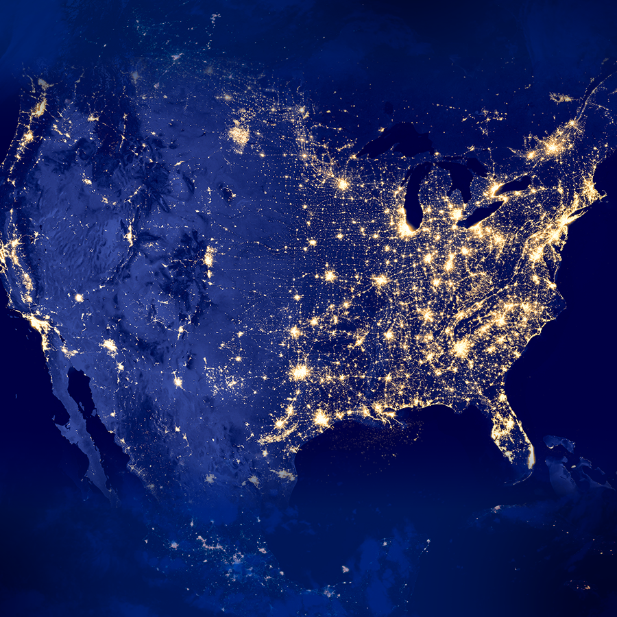 Aerial of United States at night