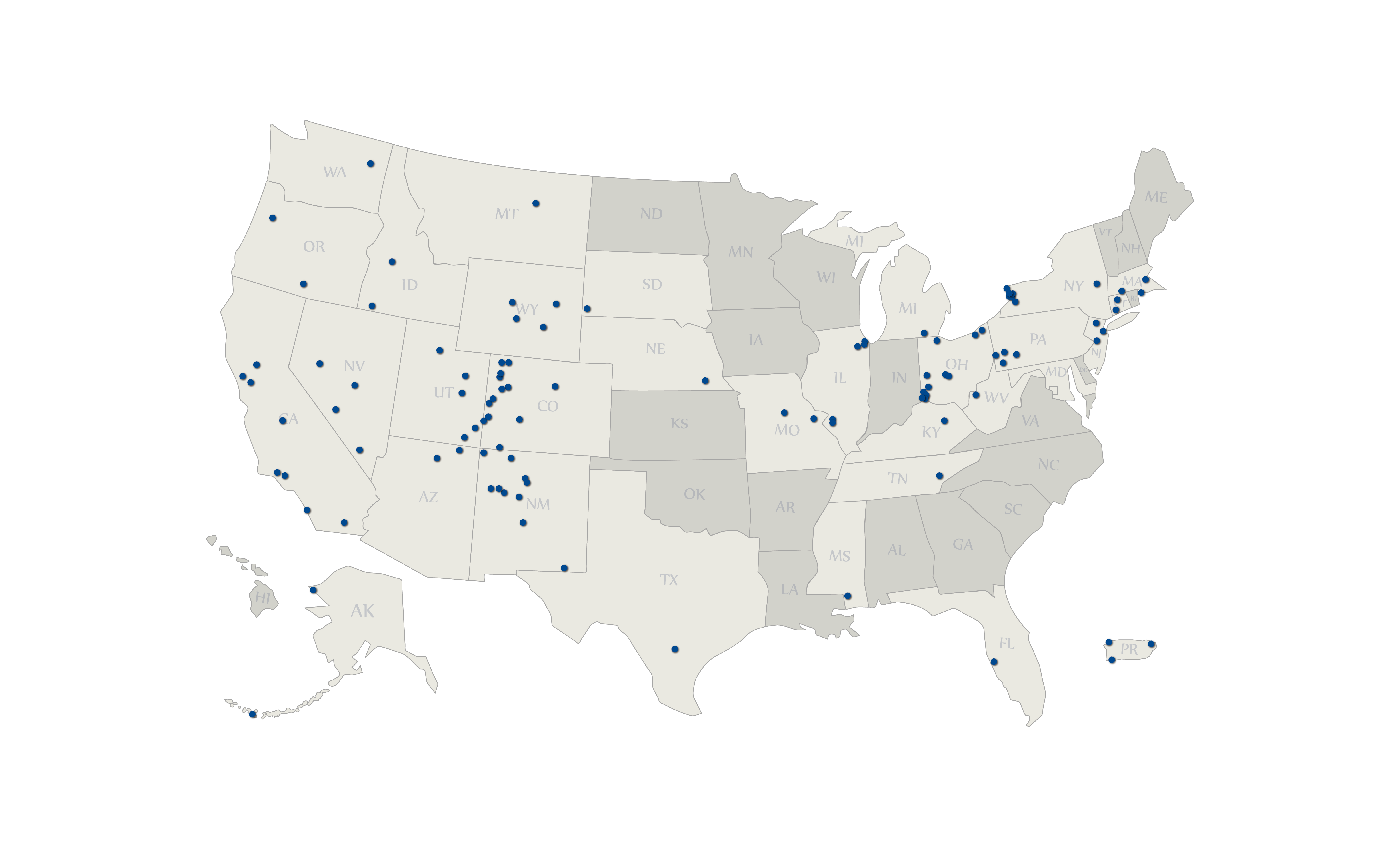 Map of the United States with blue dots showcasing Legacy Management sites.