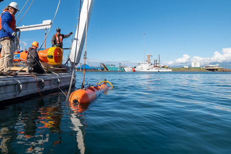 Marine energy device being released into the water from a platform