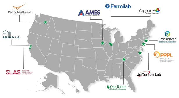 A map of the united states with all of the DOE Office of Science National Laboratories labeled