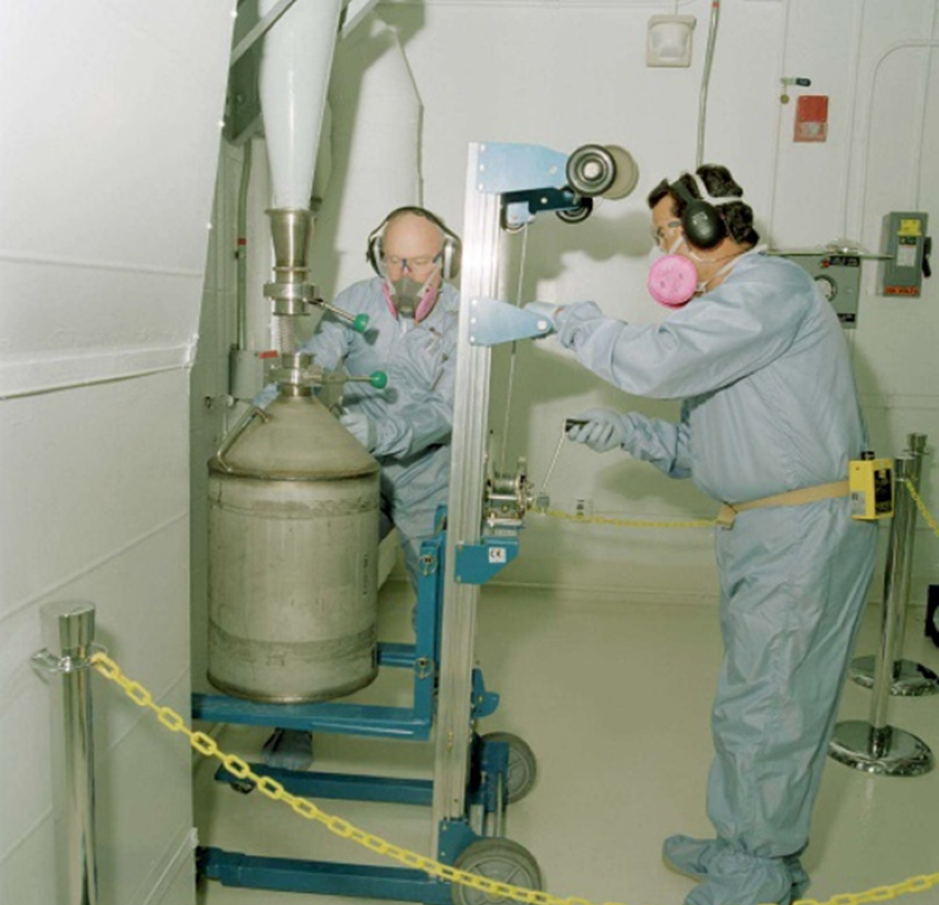 The beryllium technology facility at DOE’s Los Alamos National Laboratory (LANL) was the first state-of-the-art facility in the U.S. designed specifically for working with beryllium. Waste collection, aided by high powered vacuum connections is essential particularly because of concerns about chronic beryllium disease. 393 005 006 