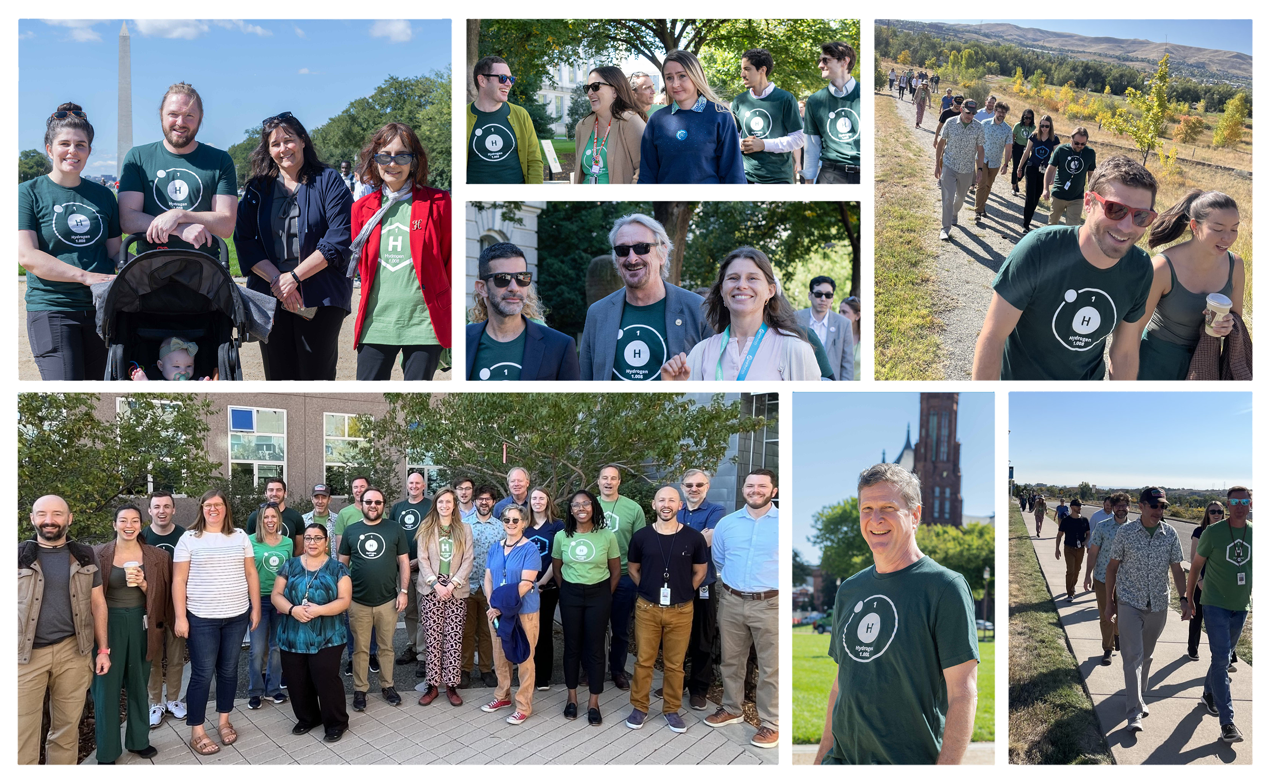 Collage of photos of different groups of people, many of whom are wearing hydrogen-themed t-shirts, walking together outdoors on a sunny day.