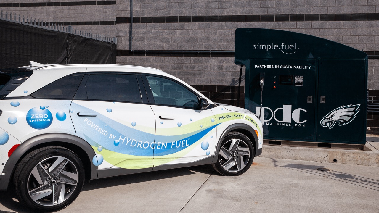 A hydrogen fuel cell car parked next to the SimpleFuel Hydrogen Fueler adjacent to Lincoln Financial Field