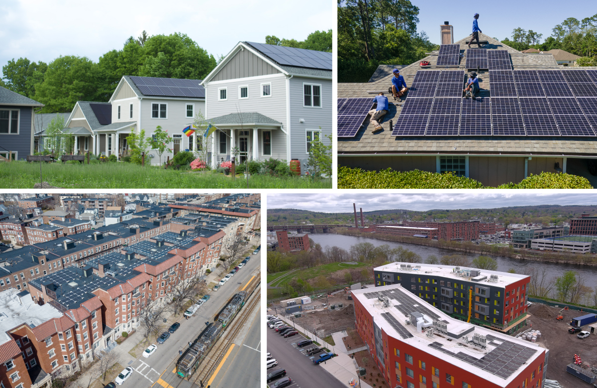 Four images of buildings with rooftop solar panels