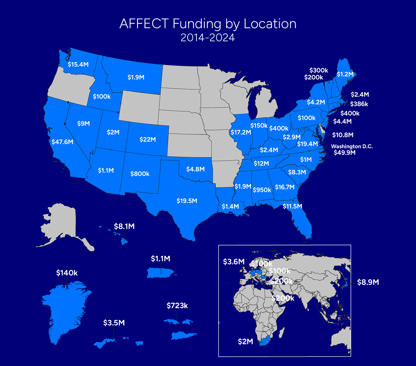 U.S. and world maps depicting AFFECT funding by location