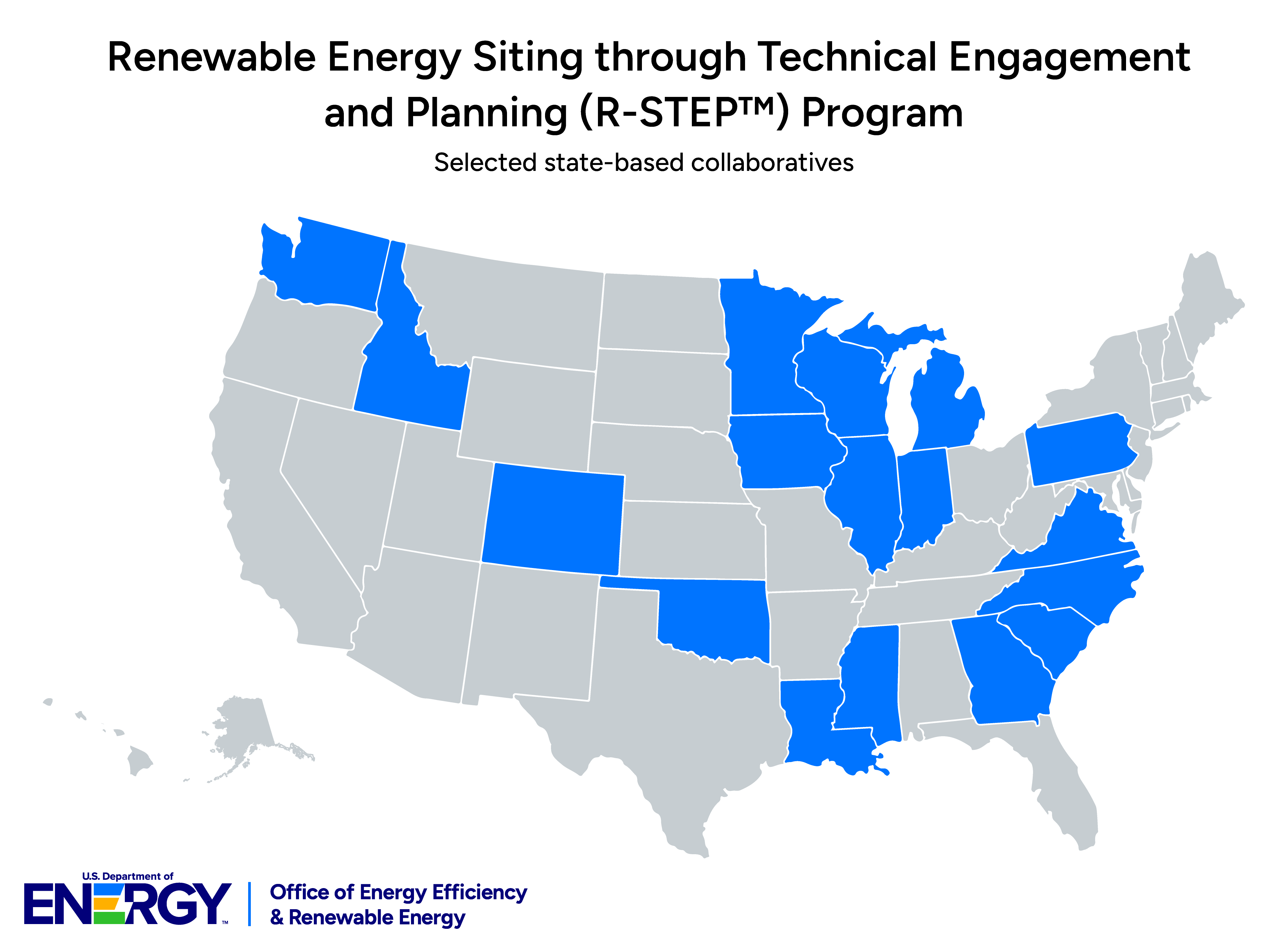 Map of Renewable Energy Siting through Technical Engagement and Planning selections and highlighted states