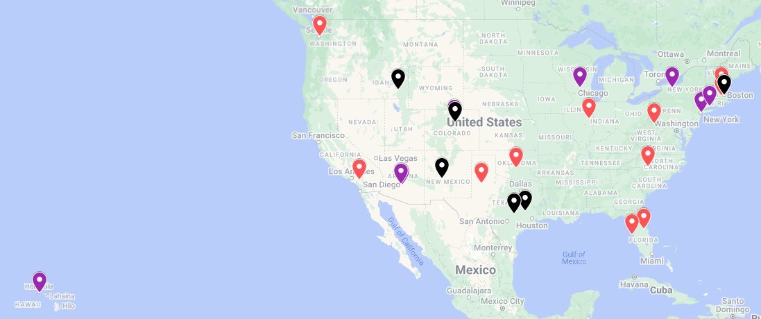 A map of the continental United States and Hawaii with icons indicating 2024 GCC teams across the country, including Hawaii, Washington, Arizona, Wisconsin, Florida, and Maine