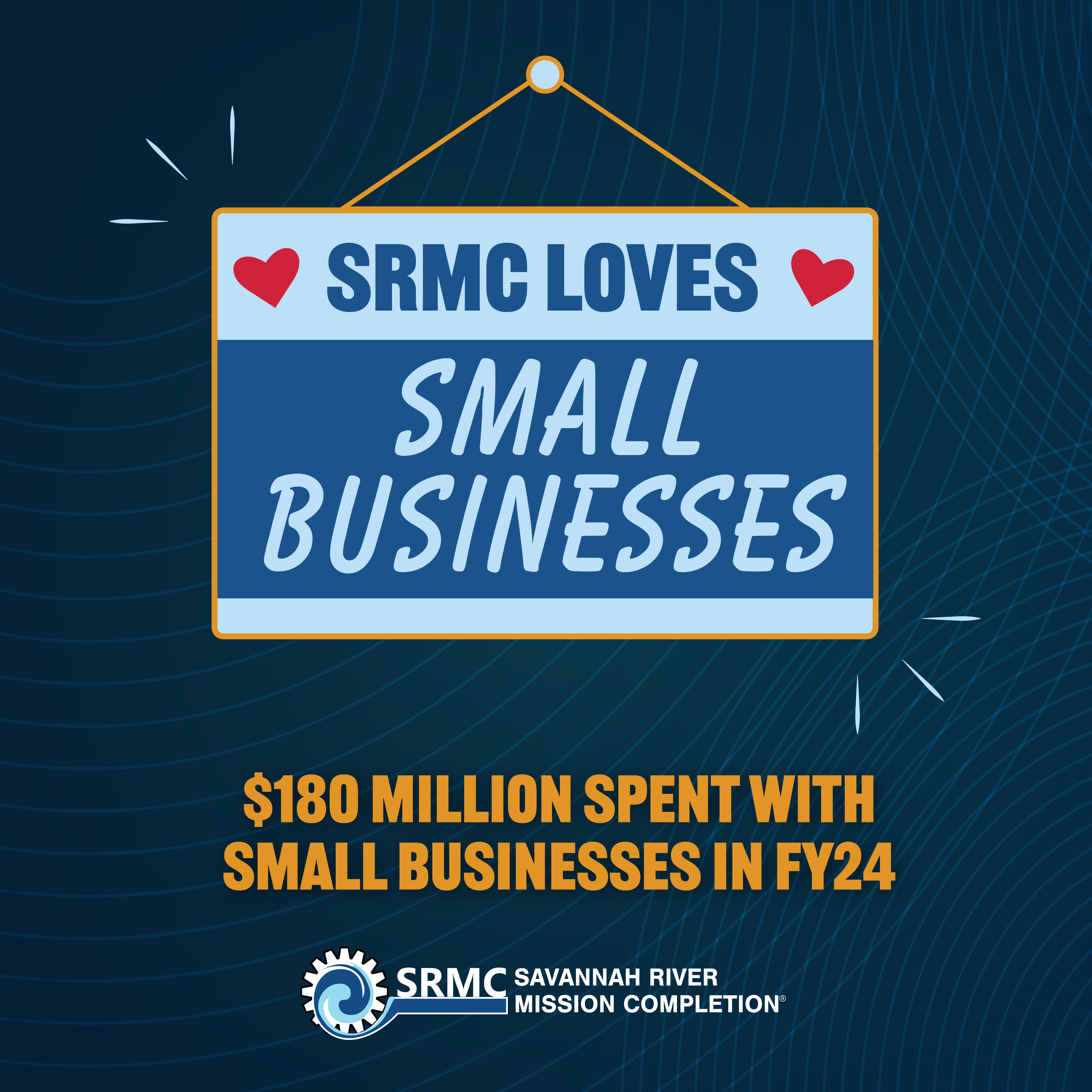 A graphic that reads "SRMC Loves Small Businesses" with yellow and white text below 