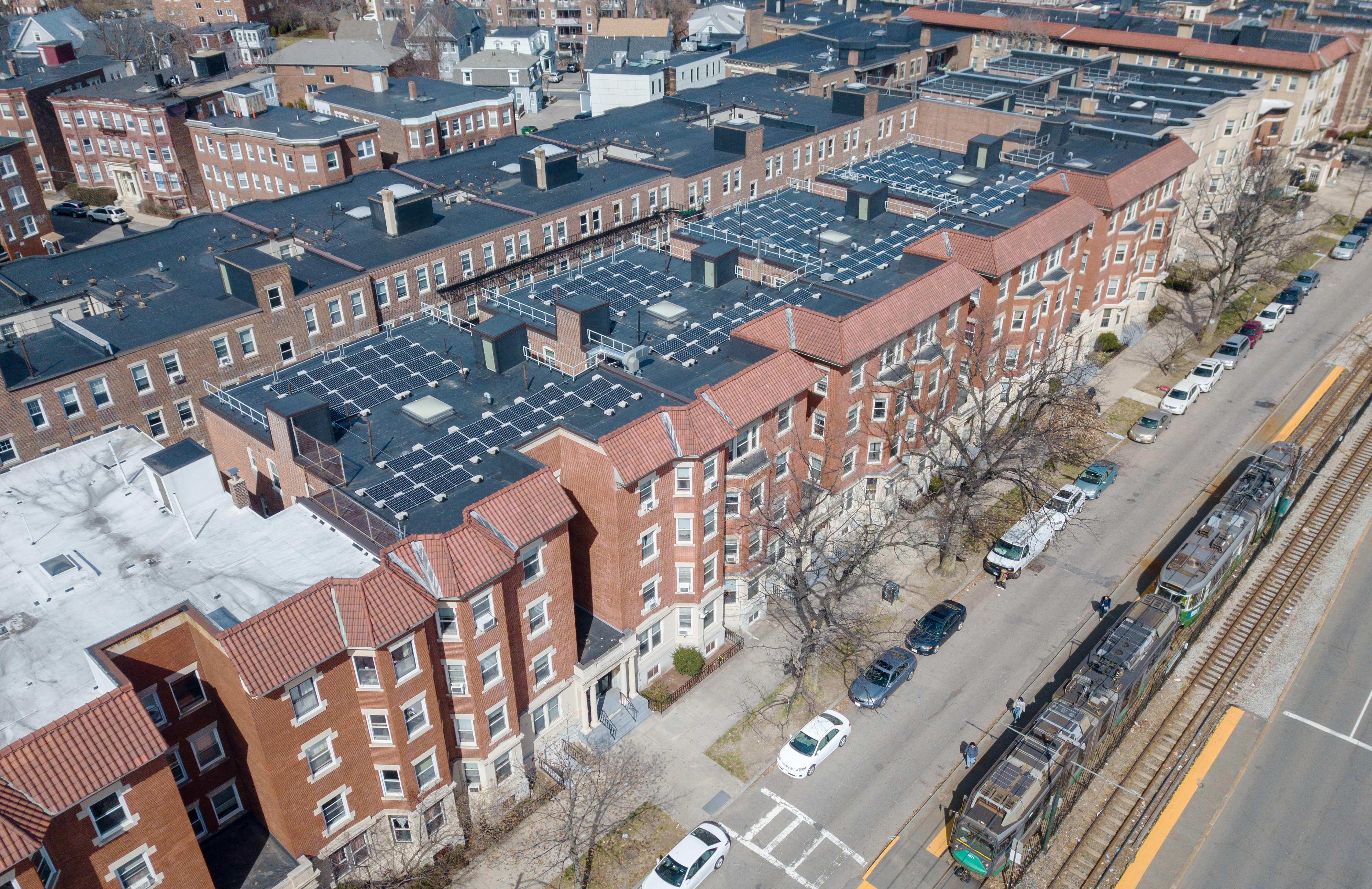 A series of solar arrays on an affordable multifamily housing development in Allston, a neighborhood of Boston, MA.