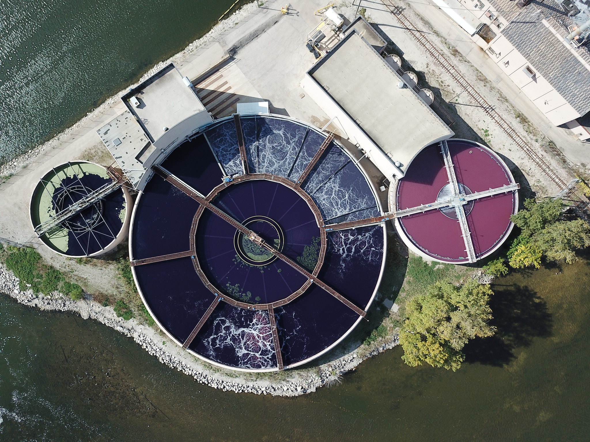 An aerial photo of a water treatment facility.