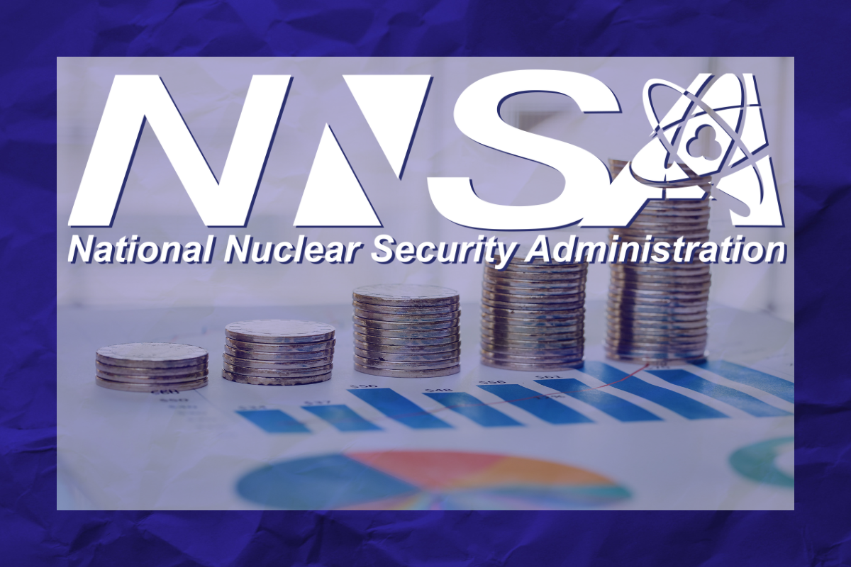 NNSA logo with stacks of coins and a sheet of paper with bar graph and pie chart