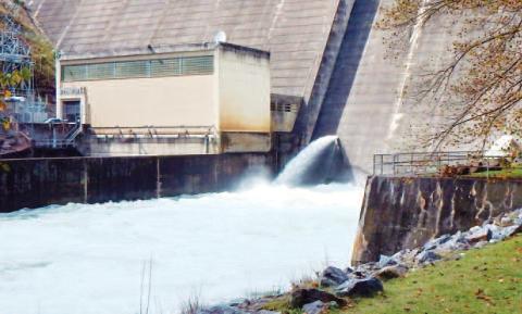 River level view of Philpott Dam in Bassett, Virginia