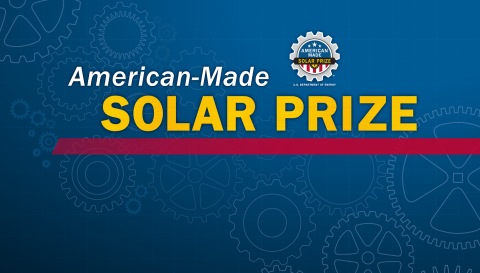 Graphic with a blue background and a watermark of spokes and wheels with the words "American-Made Solar Prize" at the top. 