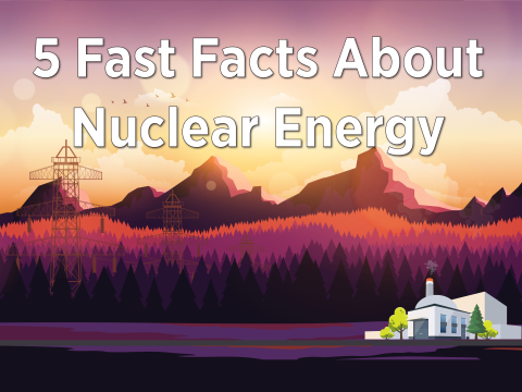 A nuclear power plant with the title that reads 5 Fast Facts about Nuclear Energy