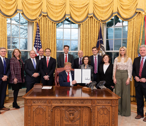 President Trump at the White House with federal officials. Today, he launched his American AI Initiative that directs Federal agencies to prioritize investments in research and development of AI.