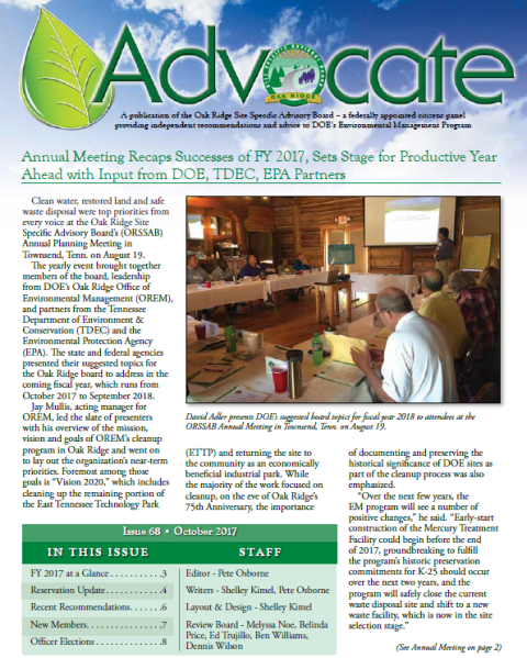 Front page of the October 2017 Advocate quarterly newsletter by the Oak Ridge Site Specific Advisory Board