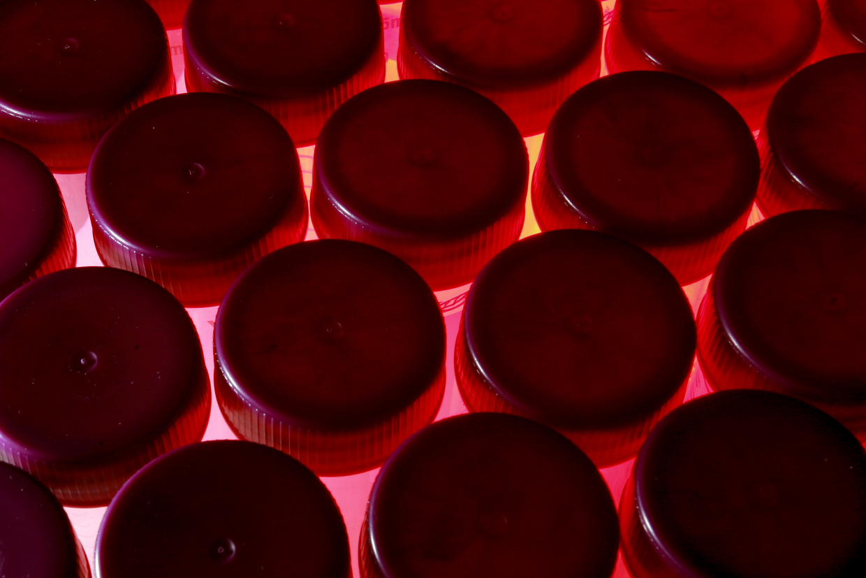 Close up image of circular, red tube caps arranged in rows.