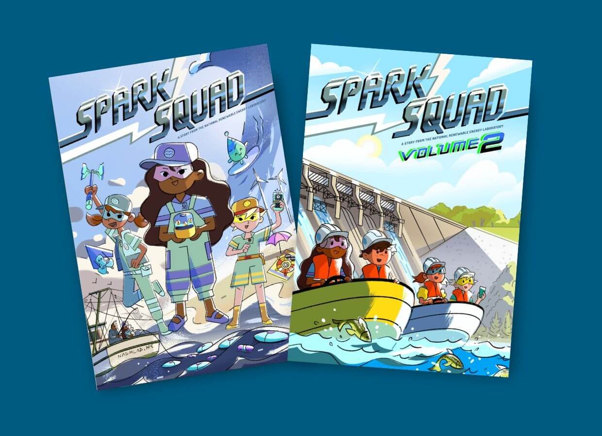 Covers of two Spark Squad comic books, in which kids explore marine energy and hydropower