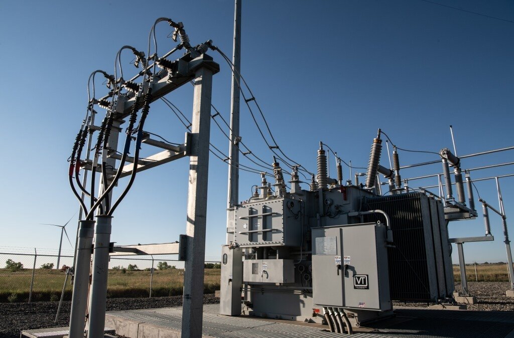 a substation yard including a transformer. 