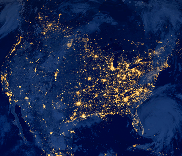 Satellite view of the United States at night. 