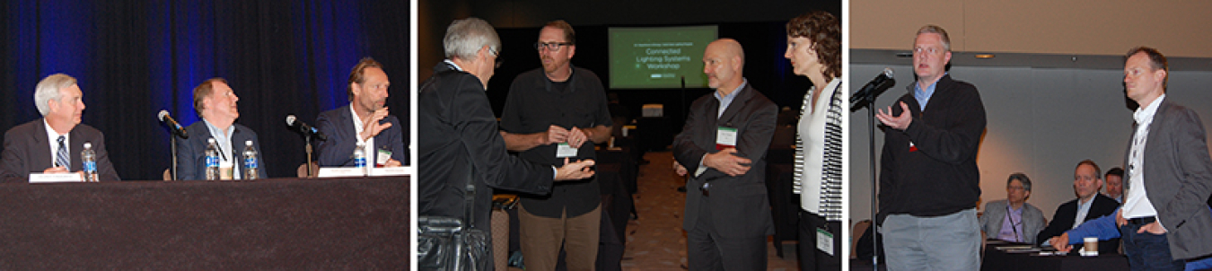 Set of three photos depicting scenes at a conference.