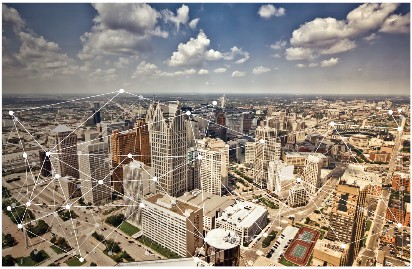 Photo of buildings in downtown Detroit, with lines and points drawn connecting them.